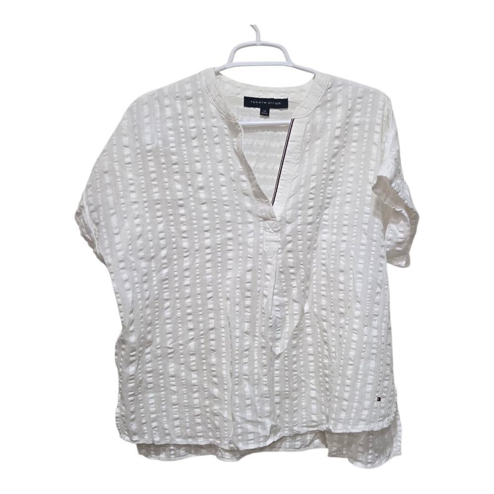 Tommy Hilfiger White Textured Split Neck Blouse Small